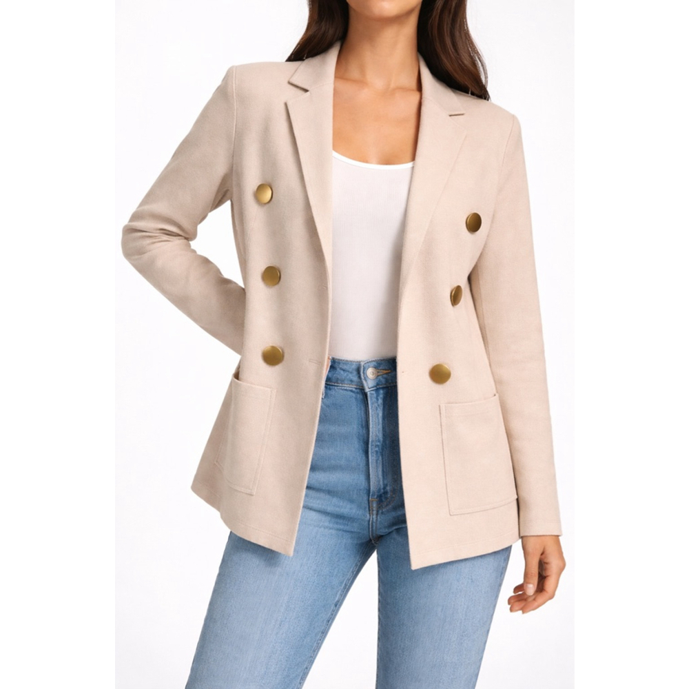 Sioni Double Breasted Knit Blazer XS Beige Gold Button Tailored‎ Sweater Jacket